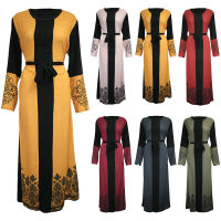 Muslim Wear for Womens Ethnic Arab print long sleeve stitching belt long skirt Fashion Dubai Islamic Prayer Clothing Dress