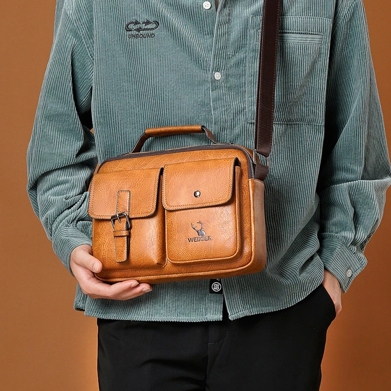 Weixier Mens Leather Shoulder Bag,Messenger Bags for Men Travel Handbag Crossbody Casual Vintage Briefcase 