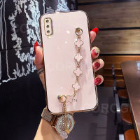 COROGI เคส Samsung A30s A50 A50s A70กาแล็คซี่,เคสพร้อมสายรัดข้อมือลายดอกโคลเวอร์นำโชคกำไลข้อมือชุบ6D สุดหรูกรอบด้านหลังป้องกันซิลิโคนแบบนิ่มสำหรับขอบสี่เหลี่ยมเคสมือถือ