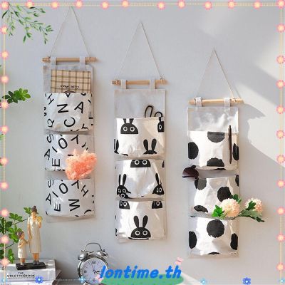 ๑○❡ LONTIME Rabbit Hanging Storage Bags Household Wardrobe Pouch Wall Hanging Bag Bedroom Wall Mounted Cotton Linen 3 Pockets Livingroom Cosmetic Pockets Door Organizer