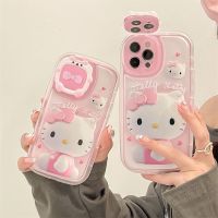 【digital technology】 Sanrio สีชมพู Hello Kitty พร้อมกระจกแต่งหน้าเคสโทรศัพท์สำหรับ Iphone 11 12 13 14 Pro Max Mini X Xs Xr สาวของขวัญกันกระแทก