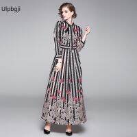 Vacation Floral Dress Women Full Sleeve Buttons Down Lapel Single-Breasted Sashes Lace Up Print Maxi Flower Vestidos