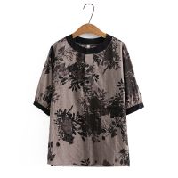 【มีไซส์ใหญ่】Plus Size Womens Vintage Printed Summer Shirts Oversized Short Sleeve Casjavascript:ual Female Tops Stand Collar Top