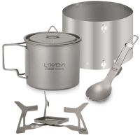 Lixada 4pcs Camping Titanium Cookware Set with 550ml Water Cup Mug Folding Solidified Alcohol Stove Spork Windshield for Outdoor