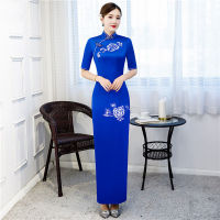 New Embroidery Cheongsam Long Dress Vintage Slim Plus Size Women Dresses Handmade Button Costume Chinese Qipao Blue Red S To 6XL