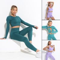 【YD】 2pcs Seamless Set Workout Sport Outfits for Gym Sleeve Crop Top Waist Leggings Sportswear Athletic