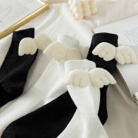 Kawaii Women Socks Lolita JK Long Sock Black White Angel Wings Short Socks Girls Sweet Harajuku High Quality Cotton Couple Sox