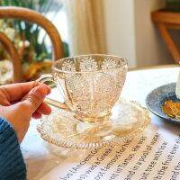 Nordic wind sun flower glass net red coffee cup retro relief saucer teacup breakfast wholesale wine glass