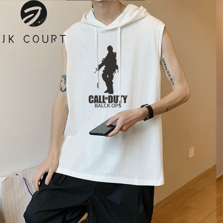 jk-court-ชุดด้านนอกเสื้อยืดแขนกุดไหล่สำหรับผู้ชายเทรนด์เสื้อกั๊กแบบมีฮู๊ดเข้ารูปสำหรับวัยรุ่น