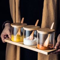 hotx【DT】 1/3pcs Set Glasses Storage Jar Cookies Beans Organizer Bottle Wood Lid Spices Food Cereal Snack Jars