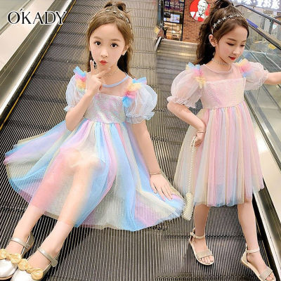 OKADY Girls Dresses New style foreign style childrens short-sleeved princess dress little girl fluffy skirt