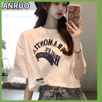 ANRUO เสื้อแขนสั้นสำหรับผู้หญิง,เสื้อทรงหลวมพิมพ์คอกลมแฟชั่นเสื้อยืดสั้น