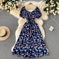 COD DSFGRDGHHHHH French V-neck Short Sleeve Floral Dress for Women High Waist Midi Beach Dresses