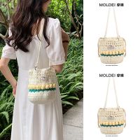 Summer summer all-match messenger bucket bag female 2023 new seaside one-shoulder pink wool knitting woven bag 【QYUE】