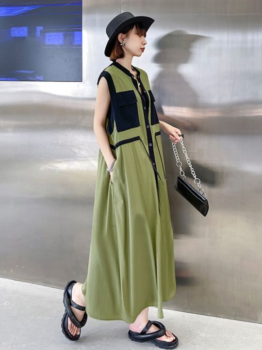 xitao-contrasting-colors-dress-fashion-casual-drawstring-waist-loose-sleeveless-women
