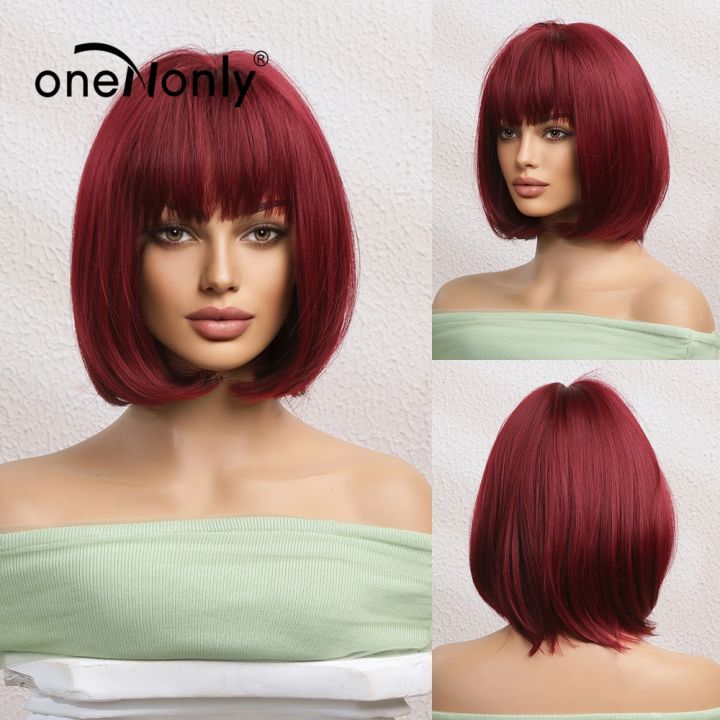 onenonly-christmas-red-wig-short-bob-synthetic-wig-halloween-cosplay-natural-daily-woman-wigs-with-bangs-heat-resistant-hot-sell-tool-center