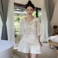 COD European station French temperament advanced sense suit womens summer retro hollowed-out shirt leisure lace shorts two sets