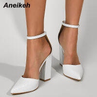 Aneikeh Spring Fashion Shallow Alligator Pattern White Womens High Pumps 2022 Shoes Buckle Strap Square Heel Party Wedding