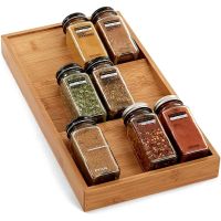 3-tier Natural Bamboo Spice Rack Cabinet Drawer Box Tray Seasoning Jars Holder Container Shelf Kitchen Organizer Accessories LED Strip Lighting