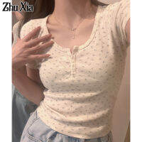 Zhu Xia เสื้อยืดลายดอกแขนสั้นเปิดไหล่สำหรับผู้หญิง,เสื้อยืดเสื้อเอวลอยออกแบบให้เข้ากับทุกชุดในฤดูร้อน