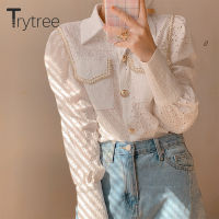 Trytree Spring Autumn Womens Blouse Casual Shirts Pockets Turn-down Collar Puff Sleeve Office Lady Staf Solid Tops For Women