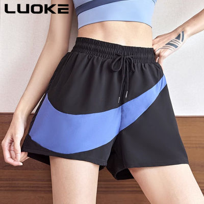 Luoke กางเกงขาสั้นผู้หญิงเอวสูงหลวมเวอร์ชั่นเกาหลีกางเกงขาสั้นสีสำหรับผู้หญิงรหัสใหญ่