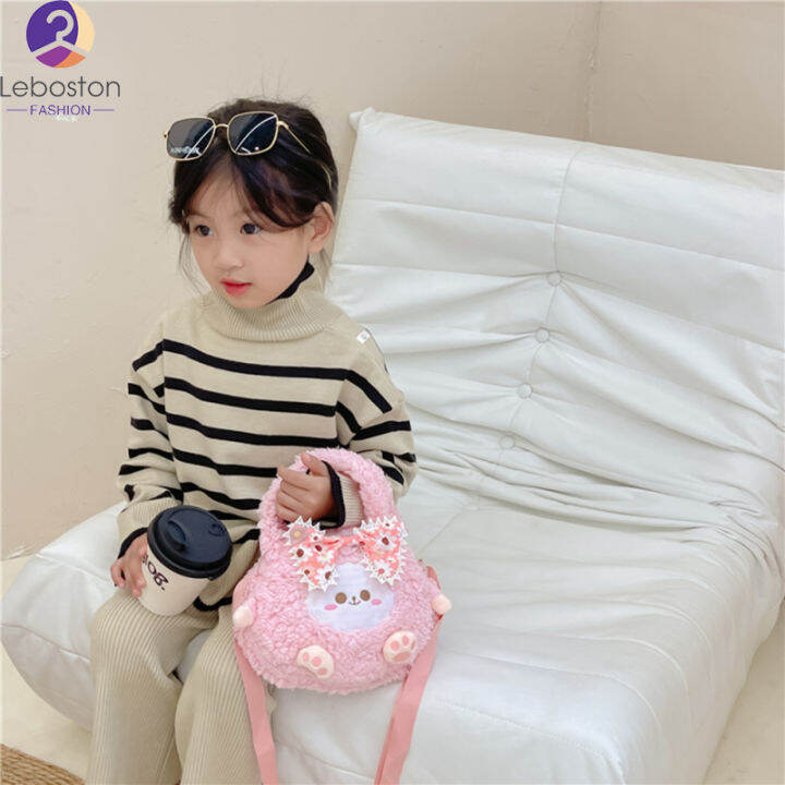 กระเป๋าการ์ตูนตกแต่ง-crossbody-สำหรับเด็กผู้หญิงผ้ากำมะหยี่น่ารักผูกโบว์กระเป๋าสะพายไหล่