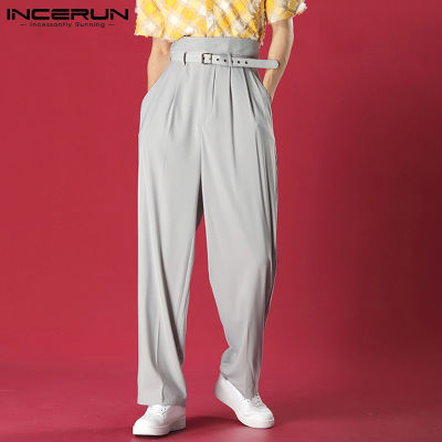(สไตล์เกาหลี) INCERUN Mens Chino กางเกงขายาวทรงหลวมอย่างเป็นทางการ Fit กางเกงเอวสูงสมาร์ทกางเกงกางเกง