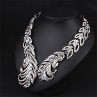 New Style Peacock Feather White Full Rhinestone Short Collar Choker Necklace Big Statement Jewelry Set For Women Party Dress