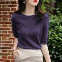 利OULINNA 2023 Solid Color Round Neck Pullover Short Sleeve T-shirt Womens Korean Version Fashion Age Reduction Bottom Top Slimming Versatile Ice Silk Sweater