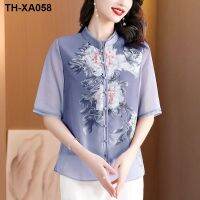 Middle-aged mother summer new high-end short-sleeved shirt suit middle-aged and elderly chiffon foreign style national style top two-piece set