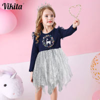 VIKITA Girl Autumn Spring Dress Kids Unicorn Print Dress Kids Princess Irregular Dresses Children Licorne Cartoon Party Costumes