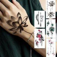 Lotus Flower Temporary Tattoo For Women Girls Snake Peony Lily Rose Chains Tattoos Sticker Black Blossom Fake Transferable Tatoo