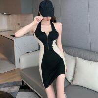 ชุดเดรสสําหรับสตรีเซ็กซี่แขนกุดเปลือยหลังสีคมชัดสไตล์เกาหลี Bodycon