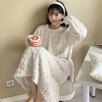 สาวหวาน Nightgown ฤดูใบไม้ร่วงฤดูหนาวใหม่ชุดนอนผู้หญิง Flannel ยาว Nightdress หลวม Casual Coral Fleece Home Clothes