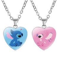 2023 New Disney Lilo Stitch Heart Necklace Photo Printed Glass Pendant for Kids Handmade Jewelry Gifts