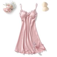 【 WYIN kitchen】 Sexy Women 39;s Satin Silk Nightgown Lace V Neck Sleepwear Dress Summer Padded Pajama Suspender Home Wear Nightdress