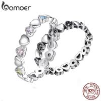 bamoer Silver Sparkling Rainbow Love Rings Heart Crystal 925 Sterling Silver Finger Rings for Women Fine Jewelry Wedding Gift