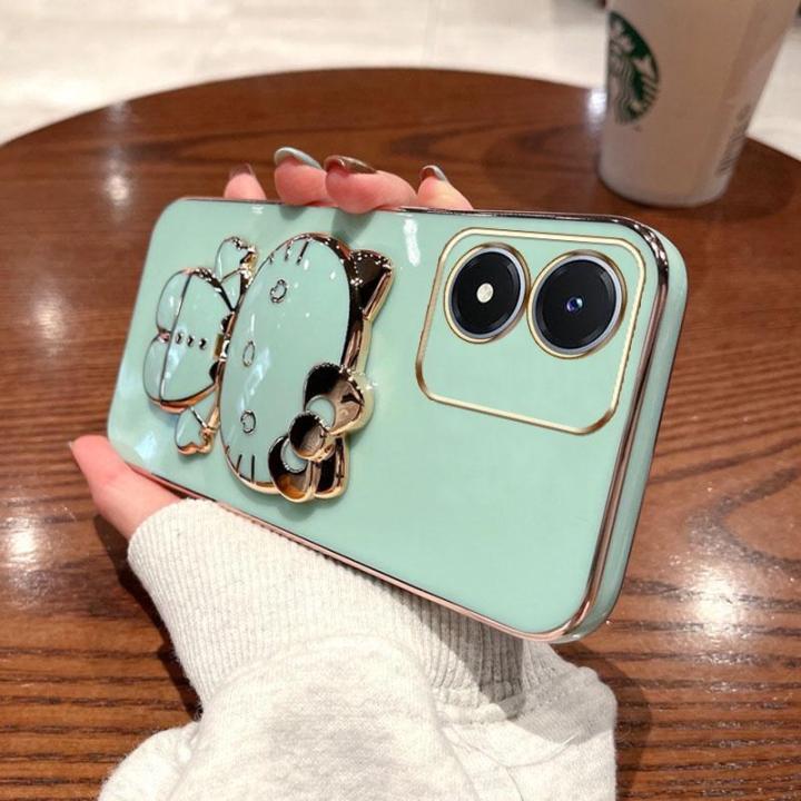 folding-makeup-mirror-phone-case-for-vivo-y02s-y16-y77-y77e-t1-case-fashion-cartoon-cute-cat-multifunctional-bracket-plating-tpu-soft-cover-casing