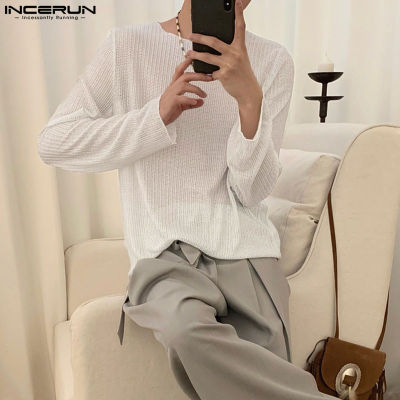 แขนยาวสำหรับผู้ชาย INCERUN เสื้อเสื้อยืดสีพื้นลำลองถักนิตติ้งโปร่งสไตล์มินิมอล (สไตล์เกาหลี)
