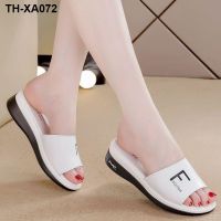 Genuine leather soft-soled slippers female 2023 summer new fashion outerwear thick-soled flat sandals wedge heel mid-heel ladies slippers