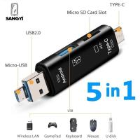 SANGYI แฟลชไดร์ฟ Usb สำหรับโอนย้ายข้อมูลมัลติฟังก์ชั่น2.0 5 In 1ไมโคร Usb อะแดปเตอร์การ์ด OTG เครื่องอ่านการ์ดเครื่องอ่านบัตร OTG การ์ด Type-C