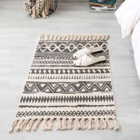 60x90cm Retro Bohemian Hand Cotton Linen Car Tassel Bedside Rug Geometric Floor Mat