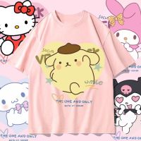 เสื้อยืด Sanrio สำหรับผู้หญิง Hello Kitty Melody Pom Pom Purin Kuromi เสื้อผ้าแขนสั้นพิมพ์ลายการ์ตูน