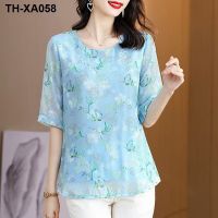 Mothers wear printed chiffon shirt 2023 summer new high-end outer wear small shirt to cover belly and look thinner and age-reducing pullover top