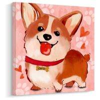 การ์ตูนน่ารักสีชมพู Corgi สุนัขสัตว์เด็กของขวัญผ้าใบผนังพิมพ์ศิลปะตกแต่งบ้านสำหรับห้องนั่งเล่น