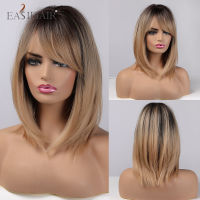 EASIHAIR Short Straight Synthetic Wigs with Bangs Brown Blonde Bob Wigs for Women Daily Heat Resistant Women Hair Wigs