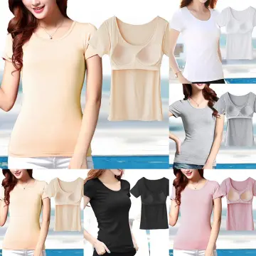 Lady Modal Padded Built in Bra T-Shirts Short Sleeve Scoop Neck Pajama Tops  Tee
