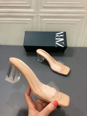 ZAs new 22 summer one word h e dgn sqre toe trrent cryl heel water platform thick heel fairy sle womens shoes
