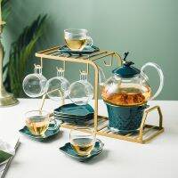 Hot Premium Green Golden Glass Swan Teapot With Strainer And Holder，Services Teaware Set Cup And Saucer Water Flower Kettle